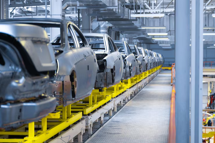 Row of unfinished car bodies on a bright, orderly factory assembly line with industrial feel.